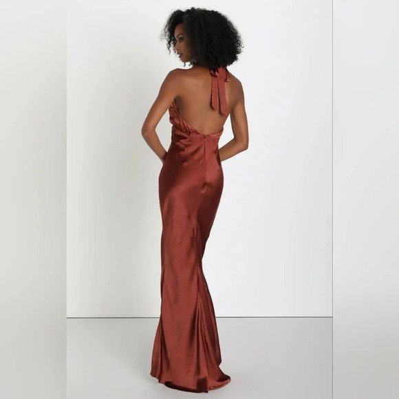 Lulu's Start of Forever Brown Satin Halter Mermaid Maxi Dress Wedding Party - Picture 5 of 12